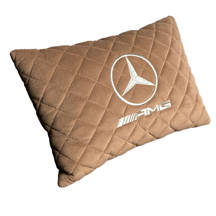Подушки из алькантары Подушка из алькантары светло-коричневая с вышивкой Mercedes AMG (Серебристая)